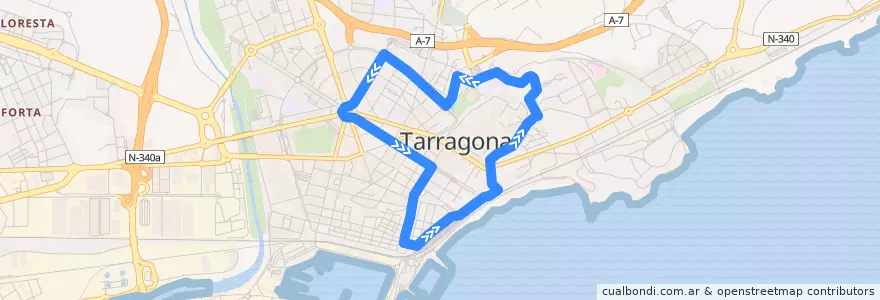 Mapa del recorrido L21 Estació - Pg. Torroja - Catalunya - Pl. Imperial Tàrraco - Estació de la línea  en Tarragona.