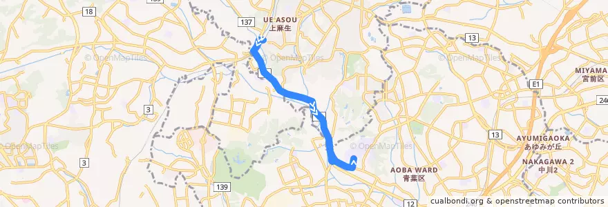 Mapa del recorrido 柿生線　桐蔭学園 => 柿生駅北口 de la línea  en 일본.