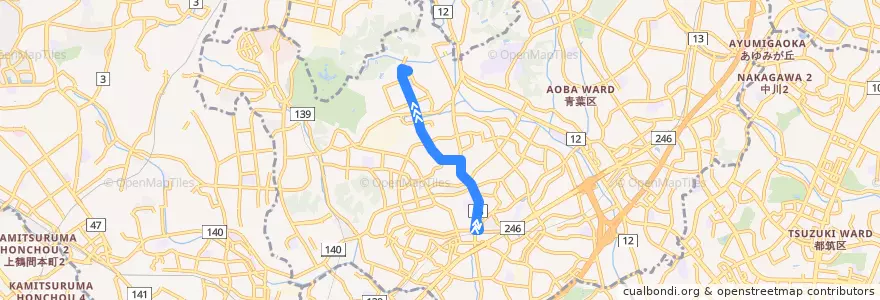 Mapa del recorrido 鴨志田団地線 de la línea  en 青葉区.