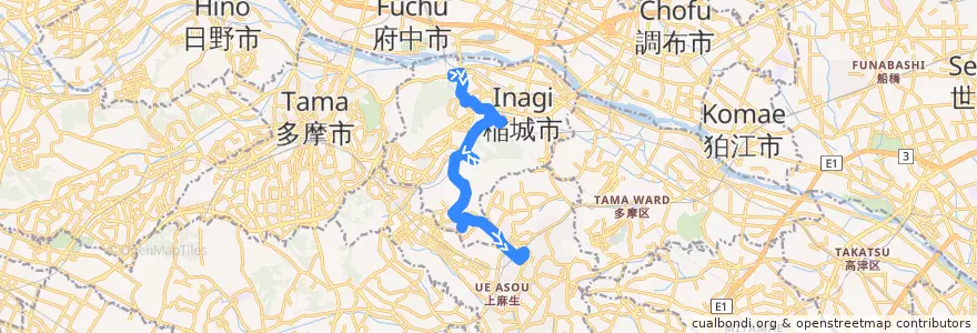 Mapa del recorrido 平尾線　稲城市立病院⇒新百合ヶ丘駅 de la línea  en Inagi.