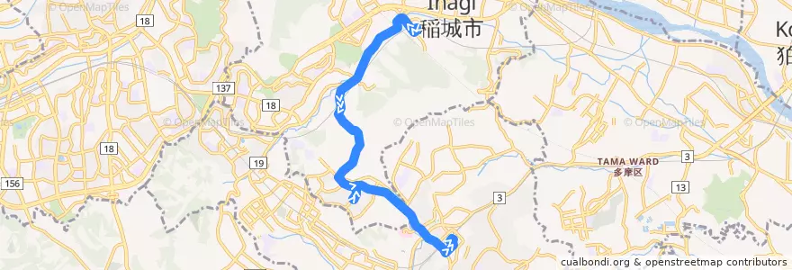 Mapa del recorrido 平尾線 稲城駅⇒新百合ヶ丘駅 de la línea  en Япония.