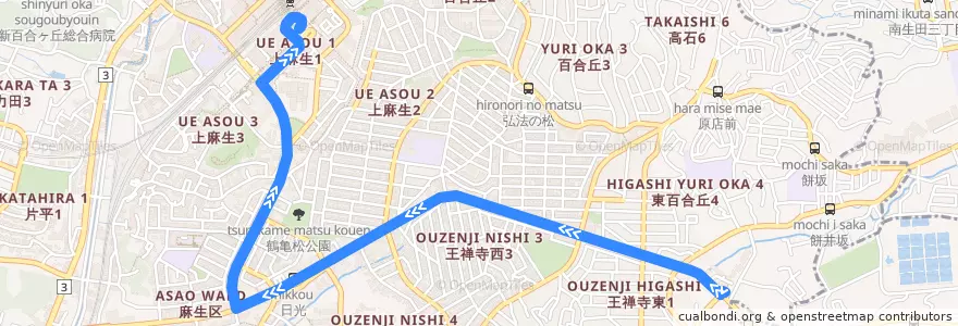 Mapa del recorrido 王禅寺線　田園調布学園大学 => 新百合ヶ丘駅 de la línea  en Asao Ward.