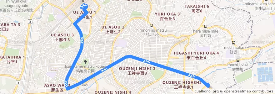 Mapa del recorrido 王禅寺線　新百合ヶ丘駅 => 田園調布学園大学 de la línea  en 麻生区.