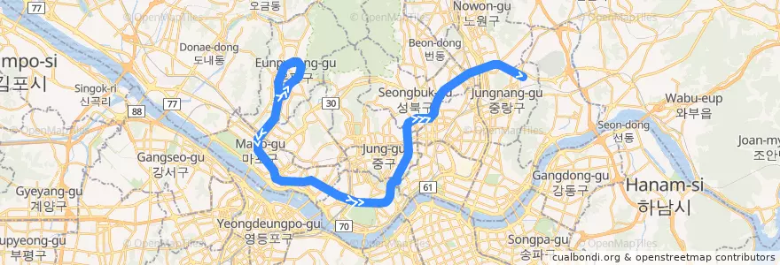 Mapa del recorrido 서울 지하철 6호선: 응암순환 → 신내 de la línea  en 首尔.