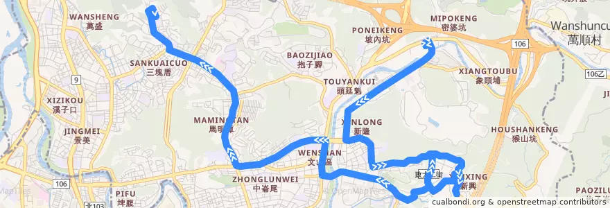 Mapa del recorrido 臺北市 棕11副 捷運動物園站-福興路 (往程) de la línea  en 文山區.
