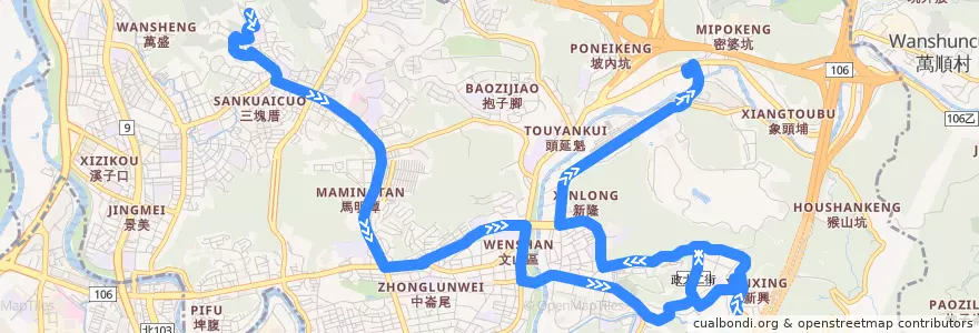 Mapa del recorrido 臺北市 棕11副 捷運動物園站-福興路 (返程) de la línea  en 文山区.