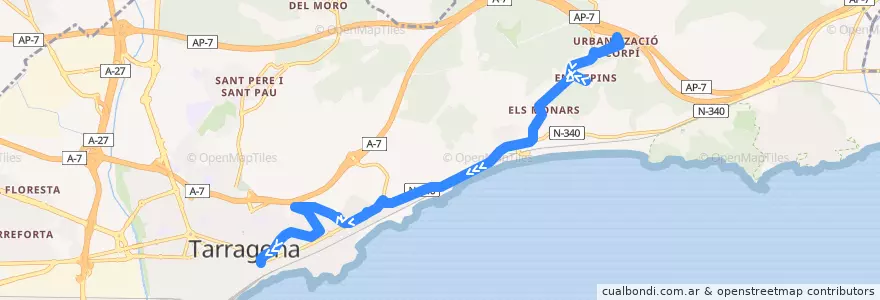 Mapa del recorrido L13 Entrepins - Passeig de les Palmeres de la línea  en Tarragona.
