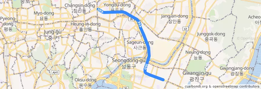 Mapa del recorrido 서울 지하철 2호선 성수지선: 신설동 → 성수 de la línea  en Seúl.