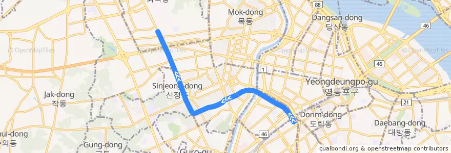 Mapa del recorrido 서울 지하철 2호선 신정지선: 신도림 → 까치산 방면 de la línea  en سول.