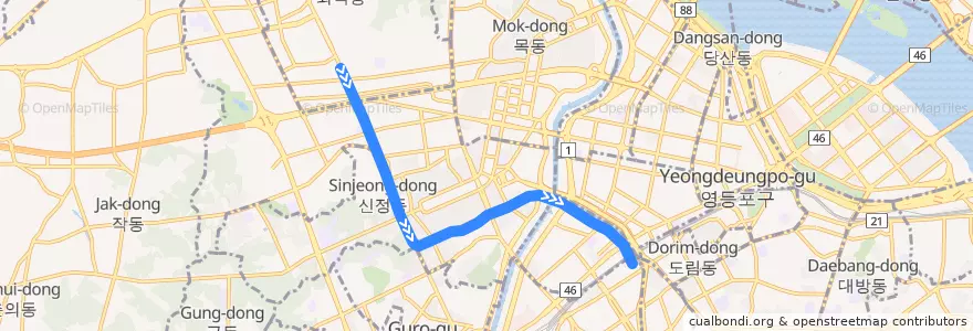 Mapa del recorrido 서울 지하철 2호선 신정지선: 까치산 → 신도림 de la línea  en 서울.