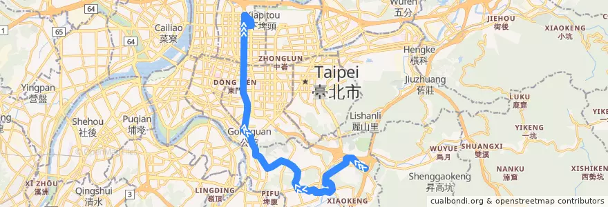 Mapa del recorrido 臺北市 676 動物園-行天宮 (往程) de la línea  en 臺北市.