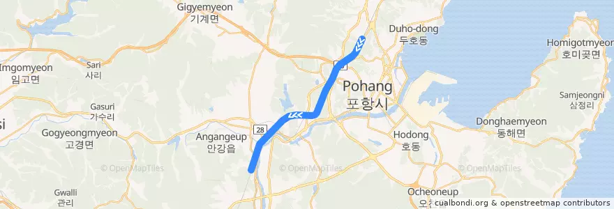 Mapa del recorrido 서울-포항간 고속철도 상행 de la línea  en 慶尚北道.