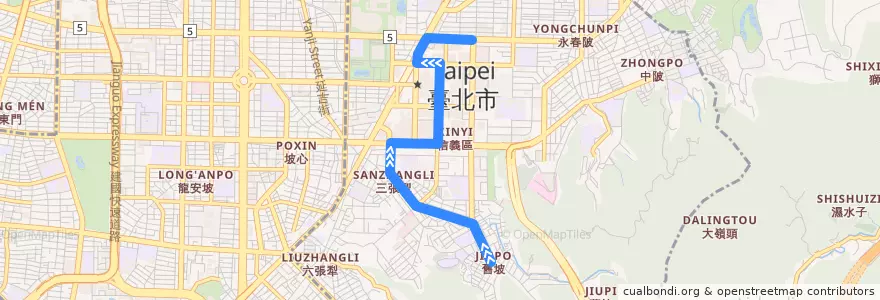 Mapa del recorrido 臺北市 藍5 吳興街-捷運市政府 (往程) de la línea  en 信義区.