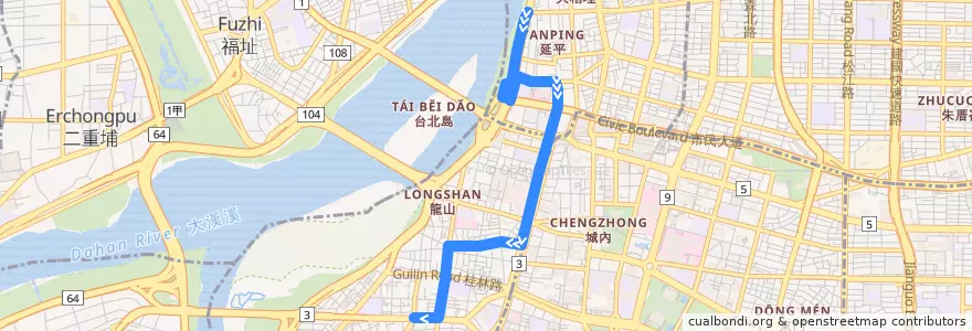 Mapa del recorrido 臺北市 綠17 大稻埕碼頭-捷運龍山寺 (往程) de la línea  en تایپه.