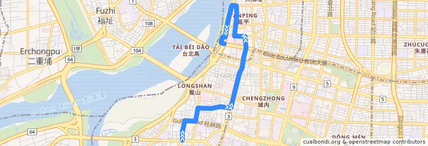 Mapa del recorrido 臺北市 綠17 大稻埕碼頭-捷運龍山寺 (返程) de la línea  en Taipei.