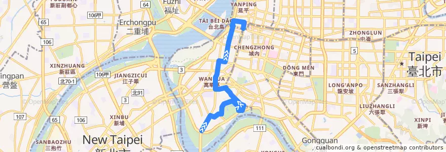 Mapa del recorrido 臺北市 藍29 大稻埕碼頭-捷運龍山寺 (往程) de la línea  en 완화 구.