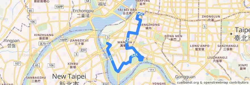 Mapa del recorrido 臺北市 藍29 大稻埕碼頭-捷運龍山寺 (返程) de la línea  en 萬華區.
