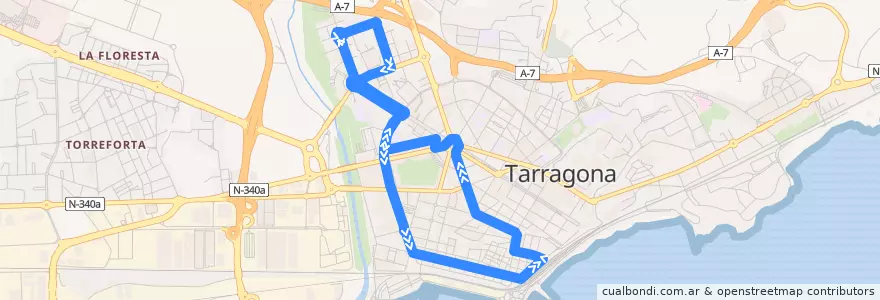 Mapa del recorrido L23 Estació - Hospital Joan XXIII - Estació de la línea  en Таррагона.