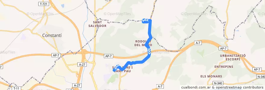 Mapa del recorrido L55 Rodolat del Moro - St. Pere i St. Pau de la línea  en Tarragonès.