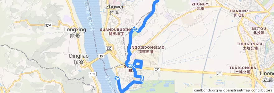 Mapa del recorrido 臺北市 紅35 關渡碼頭-捷運關渡站 (往程) de la línea  en تايبيه الجديدة.