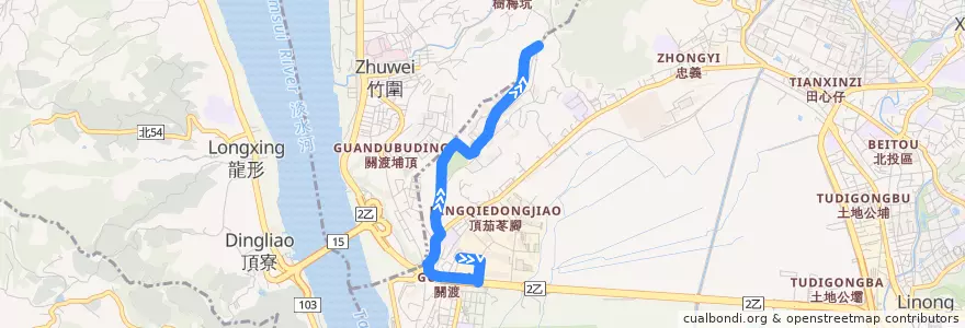Mapa del recorrido 臺北市 紅55 捷運關渡站-臺北藝術大學 (往程) de la línea  en Новый Тайбэй.