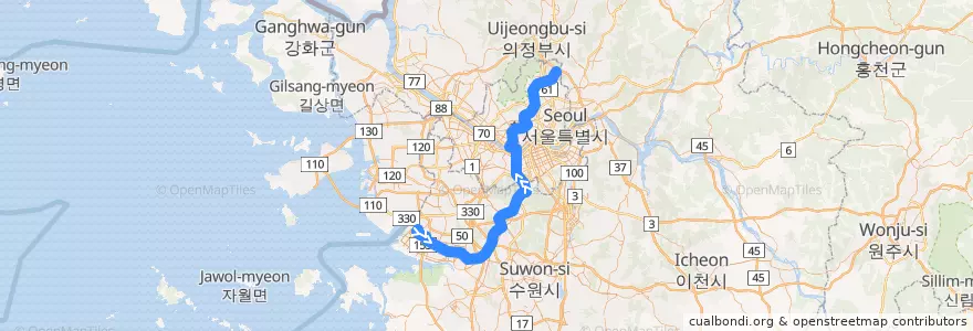 Mapa del recorrido 서울 지하철 4호선: 오이도 → 당고개 de la línea  en 대한민국.
