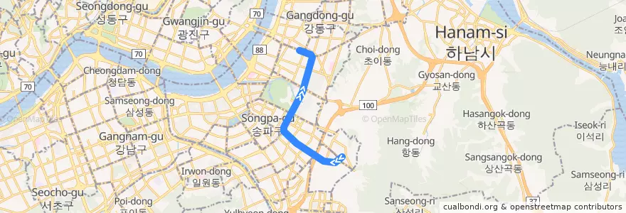 Mapa del recorrido 서울 지하철 5호선: 마천 → 강동 de la línea  en Seoul.