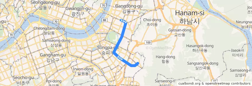 Mapa del recorrido 서울 지하철 5호선: 강동 → 마천 de la línea  en Seul.