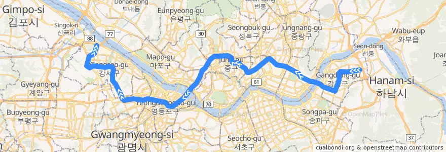 Mapa del recorrido 서울 지하철 5호선: 상일동 → 방화 de la línea  en Seoel.