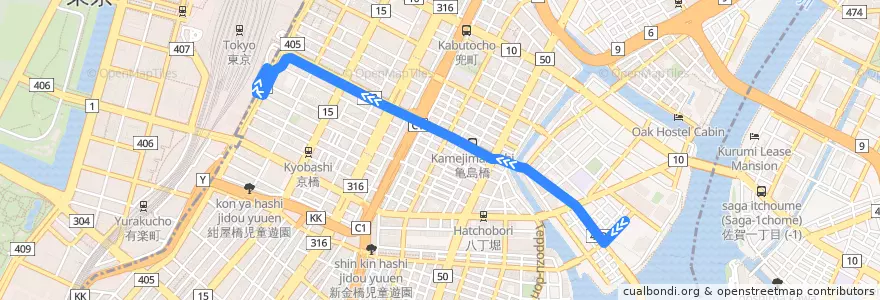 Mapa del recorrido 東16　住友ツインビル前⇒東京駅八重洲口 de la línea  en 中央区.