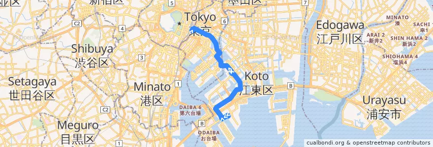 Mapa del recorrido 東16　東京ビッグサイト⇒東京駅八重洲口 de la línea  en Tokyo.