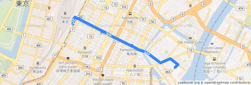 Mapa del recorrido 東16　東京駅八重洲口⇒住友ツインビル前 de la línea  en 中央区.