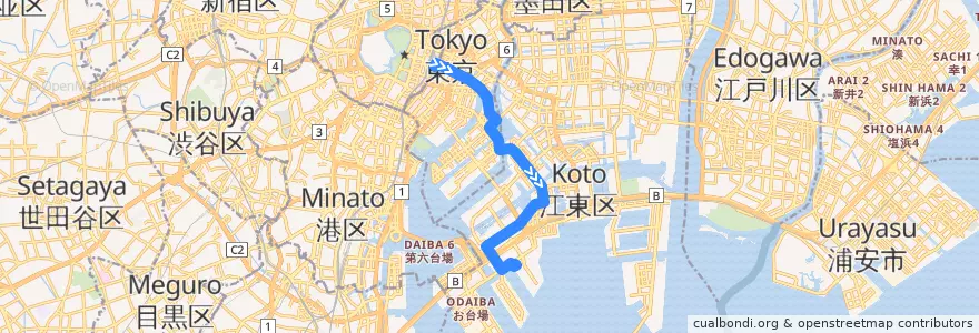 Mapa del recorrido 東16　東京駅八重洲口⇒東京ビッグサイト de la línea  en 東京都.
