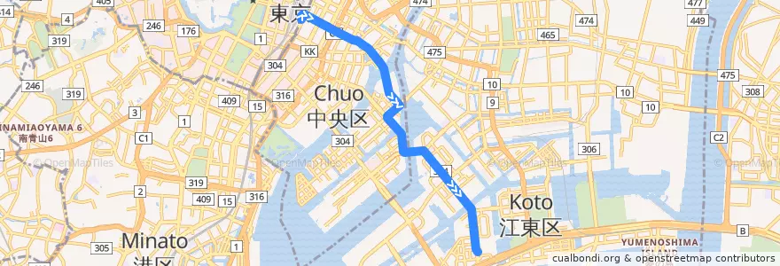Mapa del recorrido 東16　東京駅八重洲口⇒深川車庫 de la línea  en Tokio.