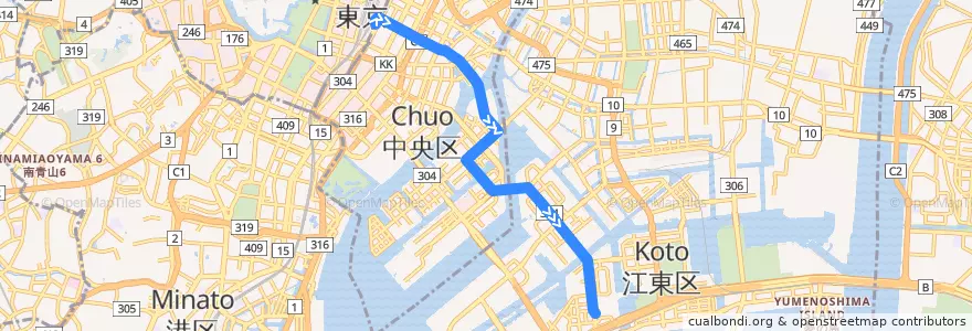 Mapa del recorrido 東16　東京駅八重洲口⇒深川車庫 de la línea  en 東京都.