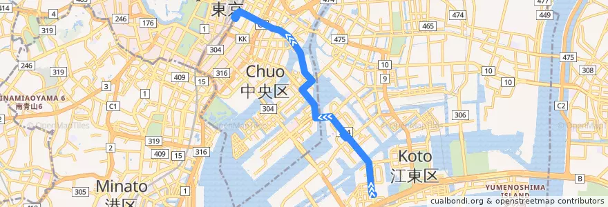 Mapa del recorrido 東16　深川車庫⇒東京駅八重洲口 de la línea  en Tokyo.
