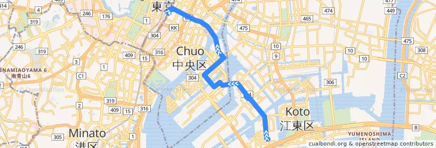 Mapa del recorrido 東16　深川車庫⇒東京駅八重洲口 de la línea  en 東京都.