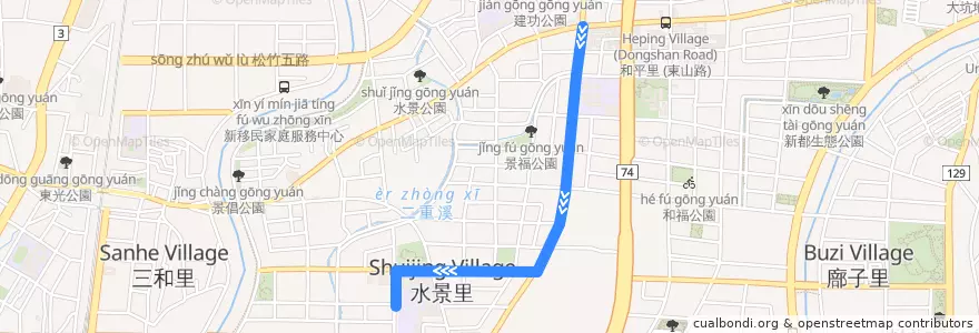 Mapa del recorrido 15路 (繞駛東山高中_往程) de la línea  en 北屯區.