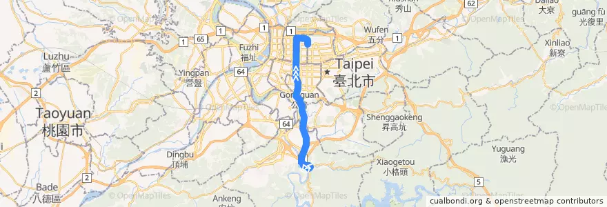 Mapa del recorrido 臺北市 松江新生幹線 青潭-復興北村 (往復興北村) de la línea  en Nouveau Taipei.