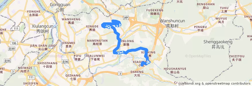 Mapa del recorrido 臺北市 棕5 萬芳社區-指南宮(往程) de la línea  en Wenshan District.