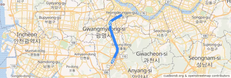 Mapa del recorrido 수도권 전철 1호선 광명 셔틀: 광명 → 영등포 de la línea  en Güney Kore.