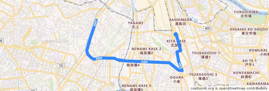 Mapa del recorrido 駒岡線;日吉新川崎線 de la línea  en Prefectura de Kanagawa.