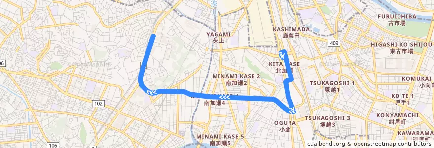 Mapa del recorrido 駒岡線;日吉新川崎線 de la línea  en 가나가와현.