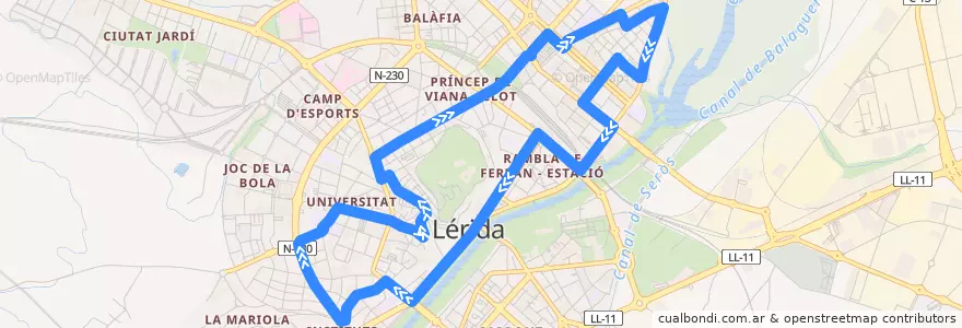 Mapa del recorrido Centre Històric - Pardinyes de la línea  en Lleida.