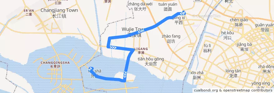 Mapa del recorrido 391路: 平潮客运站 => 开沙村公共服务中心 de la línea  en 五接镇.