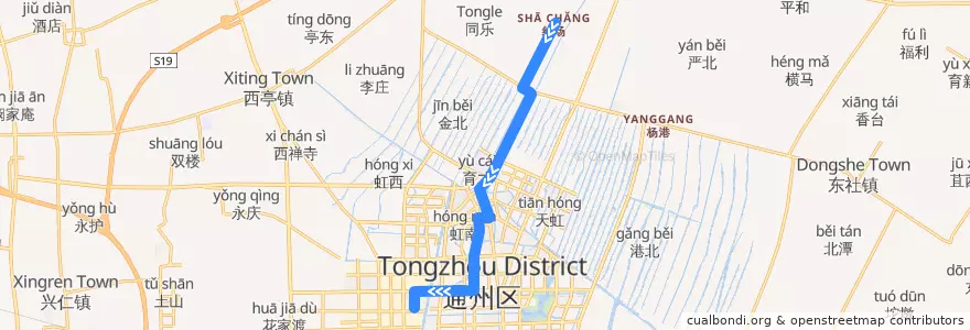 Mapa del recorrido 204路: 纱场 => 华山社区服务中心 de la línea  en 通州区.
