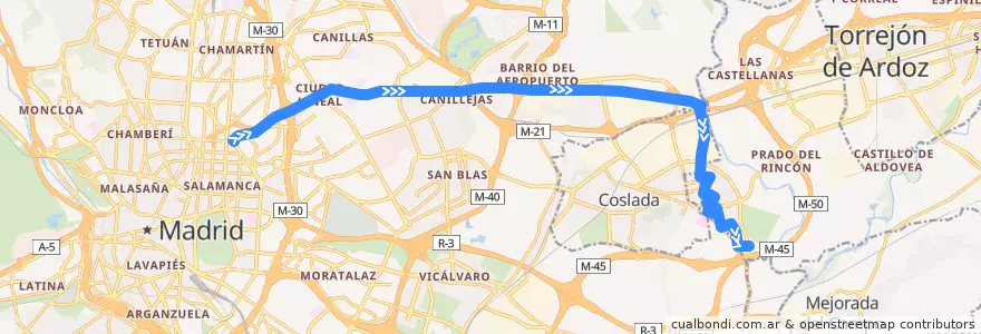 Mapa del recorrido 281: Madrid (Avenida de América) - San Fernando de la línea  en Área metropolitana de Madrid y Corredor del Henares.