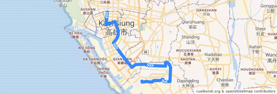Mapa del recorrido 69A(返程) de la línea  en Kaohsiung.