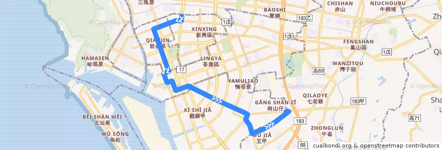 Mapa del recorrido 83路(返程) de la línea  en کائوهسیونگ.