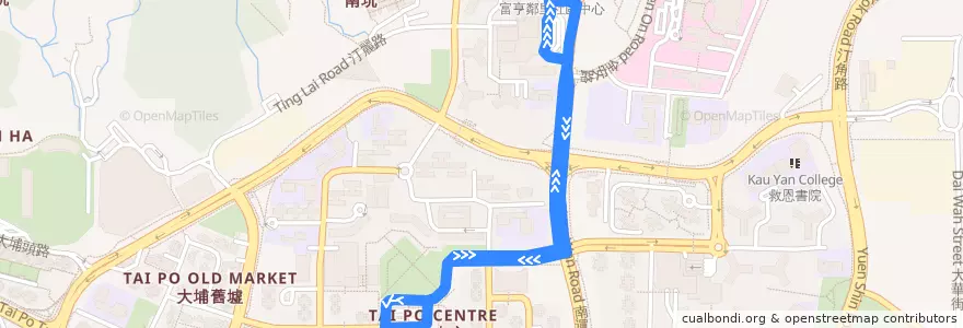 Mapa del recorrido Bus 71B (Fu Heng ↺ Tai Po Central) de la línea  en 大埔區 Tai Po District.